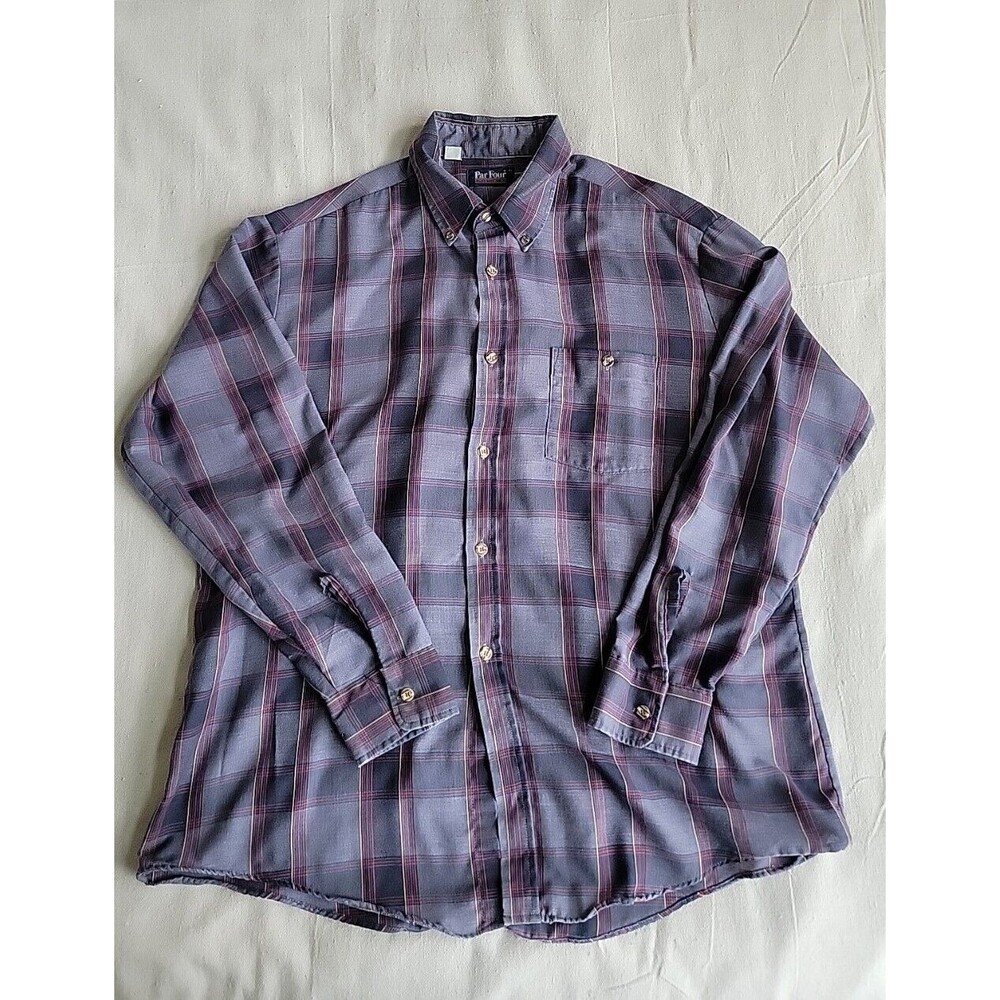 Par Four Sportswear Mens XL Shirt Button Up Cowboy‎ Blue Plaid Western Vtg USA